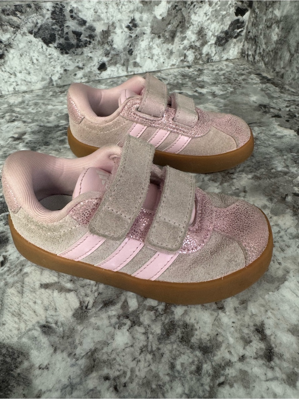 adidas Kids Pink Suede & Glitter Sneakers with Gum Sole